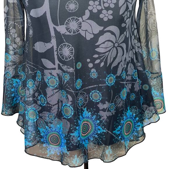 Desigual Women’s Sheer Mesh Top with Printed Design & Rhinestones Lined Fits S-M - Picture 3 of 11